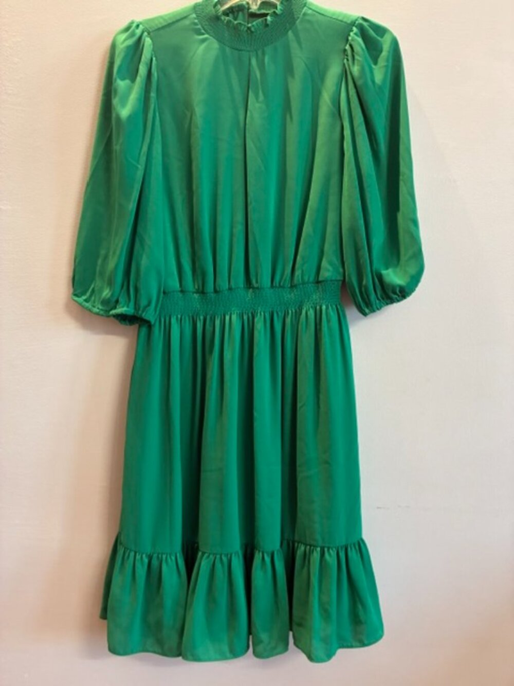 Nanette Lepore Emerald Green Smocked Mock Neck Tiered Dress Size 4
